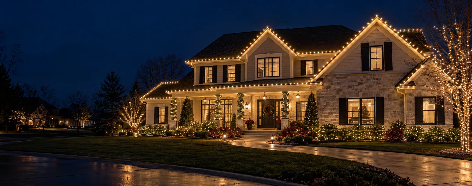 Professionally installed warm-white Christmas lights outlining a two-story home at night